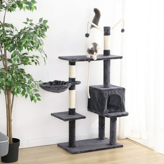 Finether 53.1" Muti-Tier Dark-Gray Cat Tree Towel, Cat Play Furniture with Sisal Covered Scratching Posts, Playhouse with Perches, Platforms, and Basket for Kitten to Climb, Play&Chase