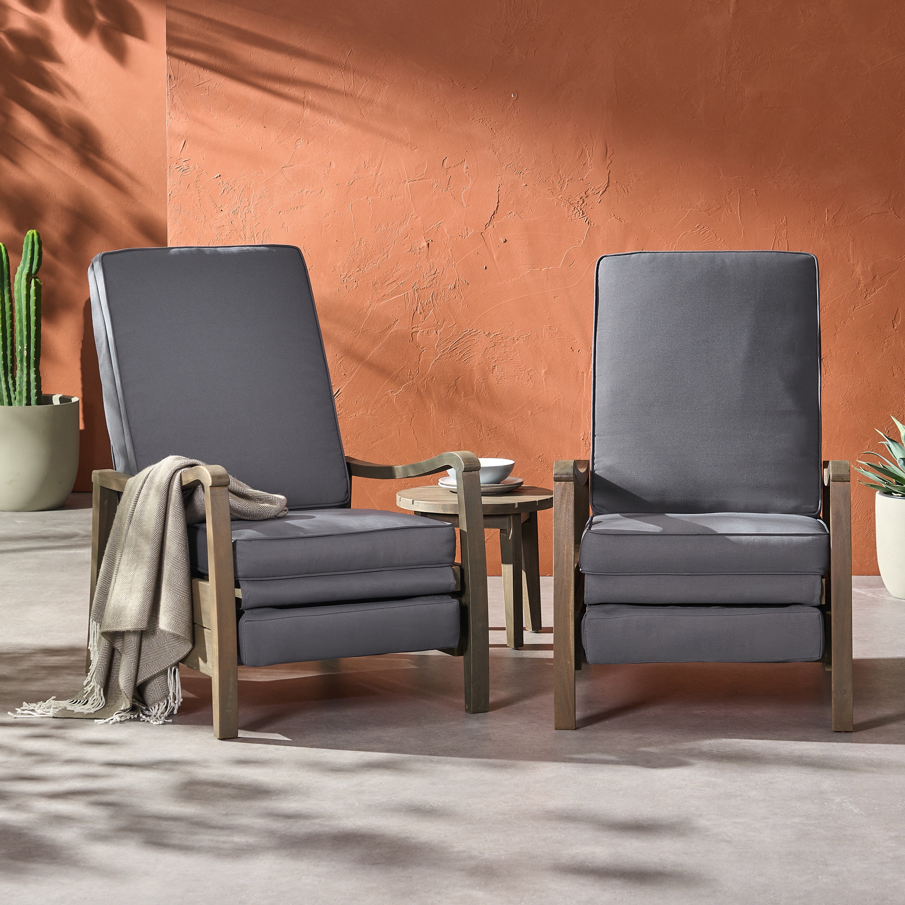 Finethy Acacia Wood Outdoor Recliner Chair with Cushions, Set of 2, Gray and Dark Gray