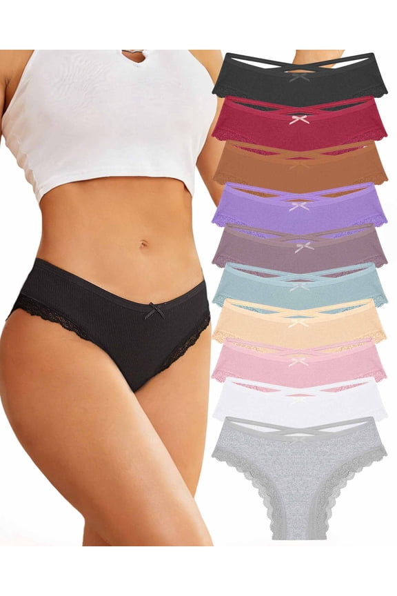 10 Pack Cotton Underwear for Women Criss Cross Lace Trim Low Rise Cheeky Bikini Panties M