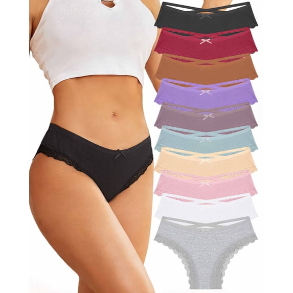 Finetoo 10 Pack Cotton Underwear for Women Criss Cross Lace Trim Low Rise Cheeky Bikini Panties M