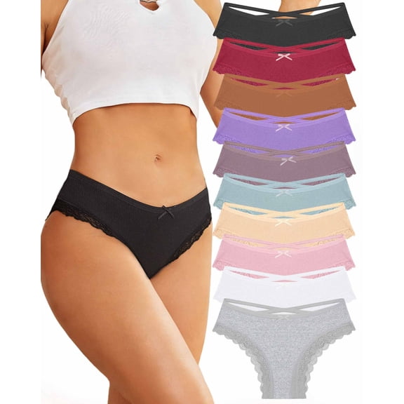 Finetoo 10 Pack Cotton Underwear for Women Criss Cross Lace Trim Low Rise Cheeky Bikini Panties M