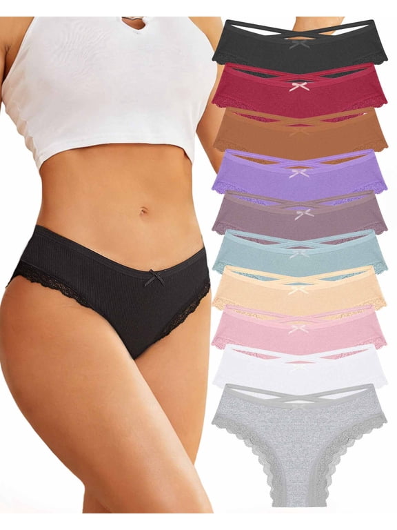 10 Pack Cotton Underwear for Women Criss Cross Lace Trim Low Rise Cheeky Bikini Panties S