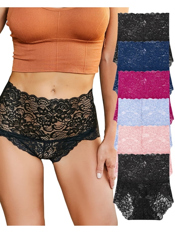 6 Pack Lace Underwear For Women High Waisted Invisible Briefs Embroidery Floral Panties S-XXL
