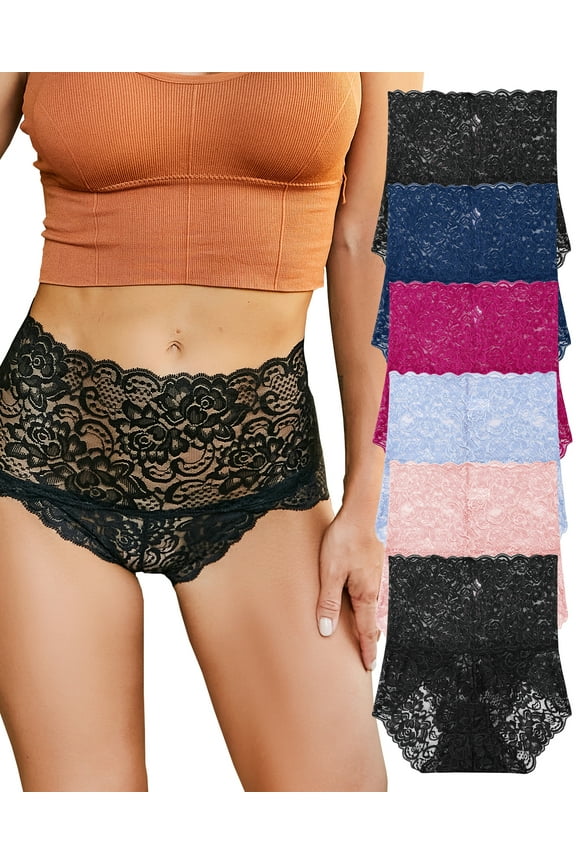 6 Pack Lace Underwear For Women High Waisted Invisible Briefs Embroidery Floral Panties S-XXL