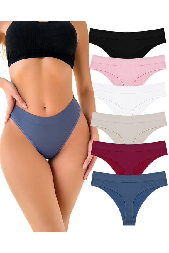 6 pack Seamless Thong for Women No Show High Waisted Thong Breathable Tangas Panties M