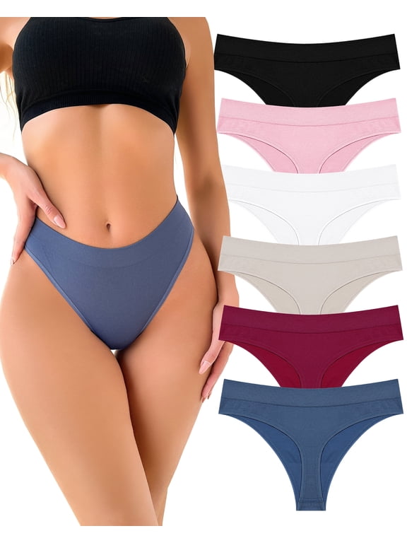 6 pack Seamless Thong for Women No Show High Waisted Thong Breathable Tangas Panties M