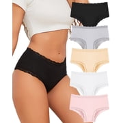 Finetoo Cotton Underwear for Women Lace Edge Bikini Pack Cheeky Panties Brief 5 Pack S-XXL