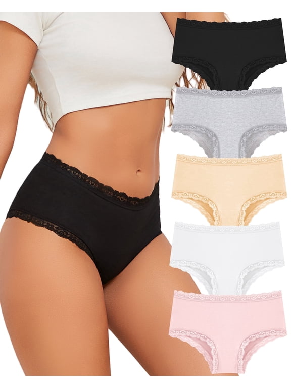 Cotton Underwear for Women Lace Edge Bikini Pack Cheeky Panties Brief 5 Pack S-XXL