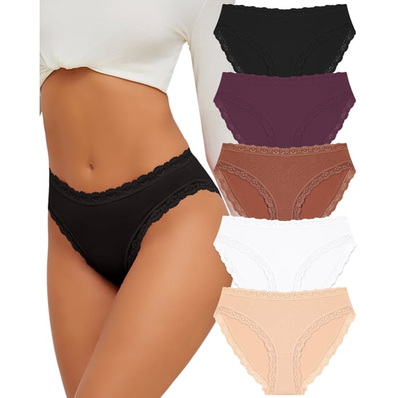 Finetoo Cotton Underwear for Women Pack Lace Cheeky Bikini Panties Breathable Brief Ladies Hipster 5 Pack M