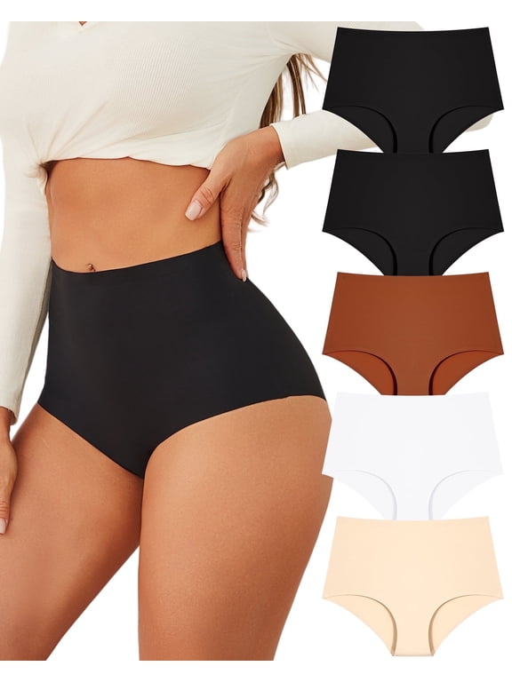 High Waisted Seamless Underwear for Women Tummy Control Bikini Cheeky No Show Breathable Briefs Ladies Panties 5 Pack M