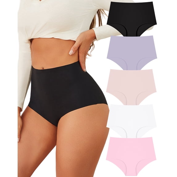 Finetoo High Waisted Seamless Underwear for Women Tummy Control Bikini Cheeky No Show Breathable Briefs Ladies Panties 5 Pack S