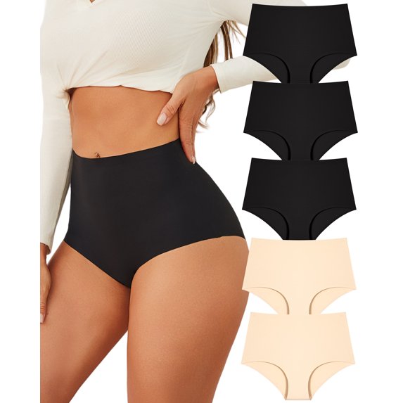 Finetoo High Waisted Seamless Underwear for Women Tummy Control Bikini Cheeky No Show Breathable Briefs Ladies Panties 5 Pack S