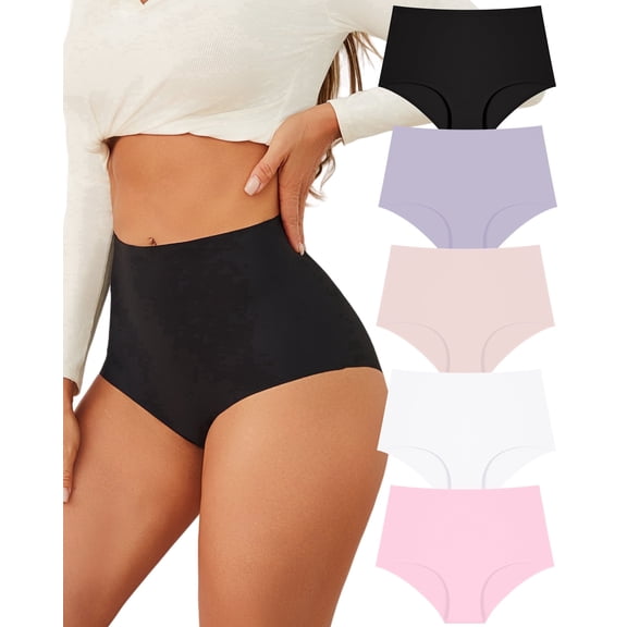 Finetoo High Waisted Seamless Underwear for Women Tummy Control Bikini Cheeky No Show Breathable Briefs Ladies Panties 5 Pack XL
