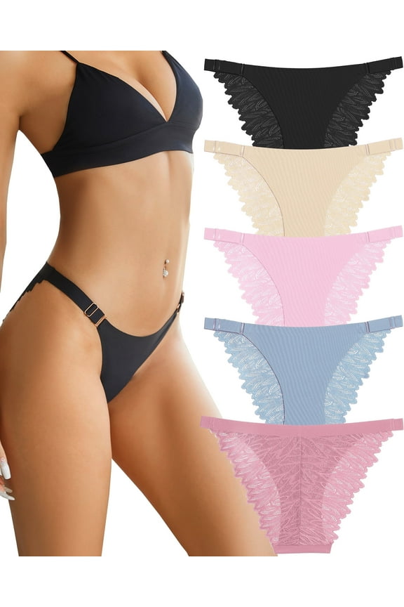 Lace Underwear for Women No Show Bikini Soft Breathe Seamless Panties Ladies Cheeky Hipster 5 Pack