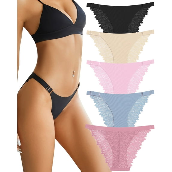 Finetoo Lace Underwear for Women No Show Bikini Soft Breathe Seamless Panties Ladies Cheeky Hipster 5 Pack