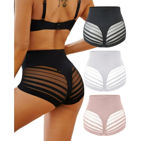 Finetoo Seamless Underwear for Women No Show Light Tummy Control Shapewear Stripe Lace Panties Full Coverage Briefs S-XXL 3 Pack