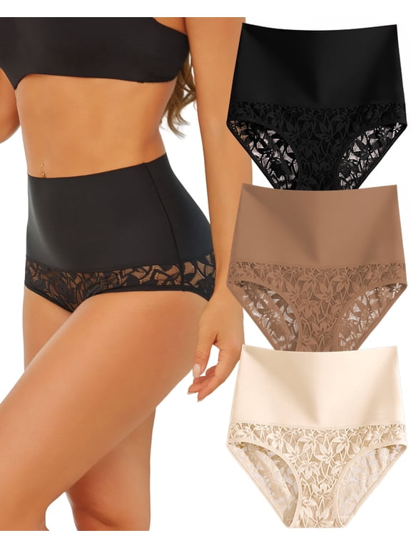 Shapewear for Women Tummy Control High Waisted Seamless Womens Underwear Lace Brief Panties 3 Pack M