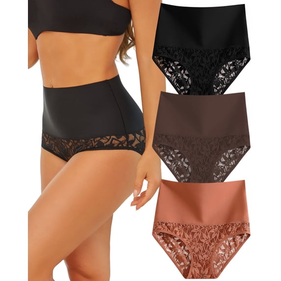 Finetoo Shapewear for Women Tummy Control High Waisted Seamless Womens Underwear Lace Brief Panties 3 Pack S