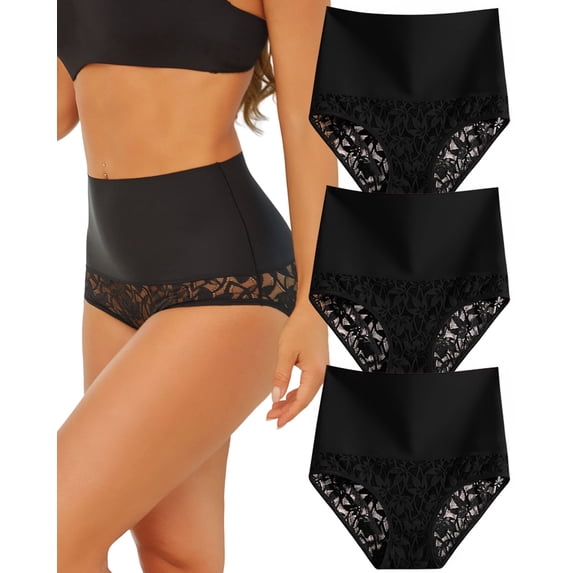 Finetoo Shapewear for Women Tummy Control High Waisted Seamless Womens Underwear Lace Brief Panties 3 Pack XXL