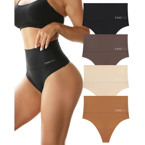 Finetoo Tummy Control Shapewear Thongs for Women High Waisteded Body Shaper Underwear No Show Panties 4 Pack S-3XL