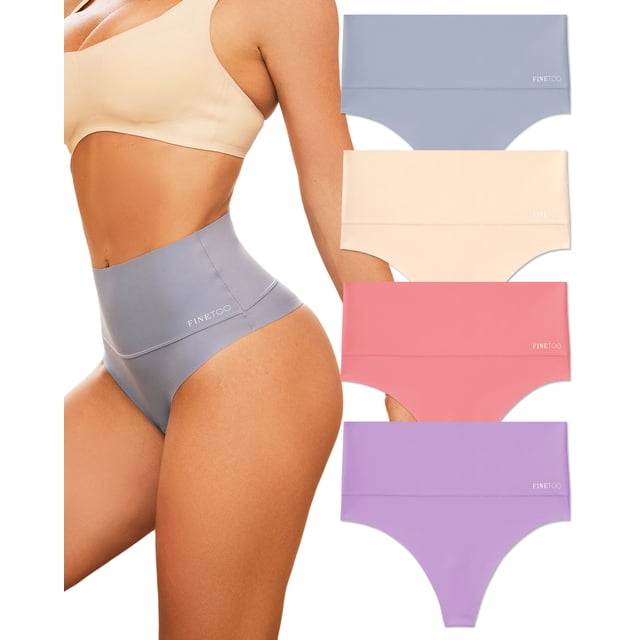 Finetoo Tummy Control Shapewear Thongs for Women High Waisteded Body Shaper Underwear No Show Panties 4 Pack S-3XL