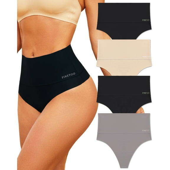 Finetoo Tummy Control Shapewear Thongs for Women High Waisteded Body Shaper Underwear No Show Panties 4 Pack S-3XL