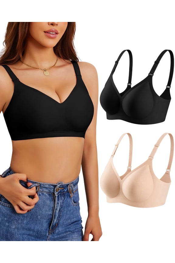 Womens Wireless Jelly Bras No Underwire Push Up Seamless Bra Supportive V Neck Bralettes for Women 2 Pack