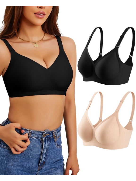 Womens Wireless Jelly Bras No Underwire Push Up Seamless Bra Supportive V Neck Bralettes for Women 2 Pack