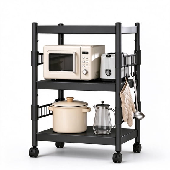 Finew 3-Tier Rolling Kitchen Cart, Mobile Serving and Storage Cart with Microwave Stand, Utility Cart on Wheels for Kitchen, Living Room, Office, Black