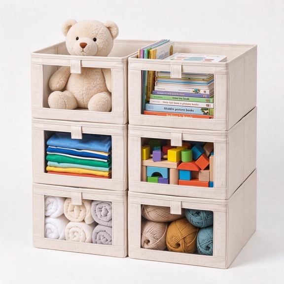 Finew 6-Pack Linen Closet Organizers and Storage, Foldable Closet Organizer Bins with Clear Window for Clothing, Jeans, and Shelves, Beige