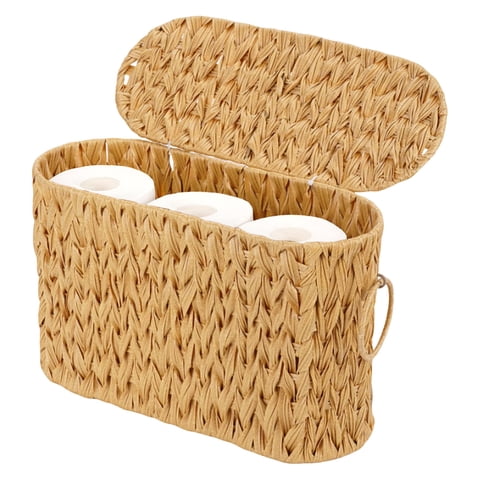 Finew Toilet Paper Storage Basket with Lid, Water Hyacinth Wicker Holder Holds 6 Mega Rolls for Bathroom Decor, Natural