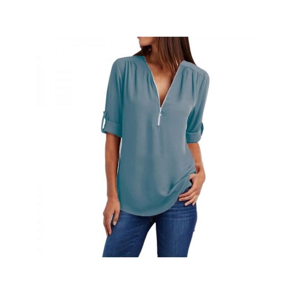 Finex Plus Size Women Zipper V Neck Loose Chiffon Long Sleeve Blouse Tops