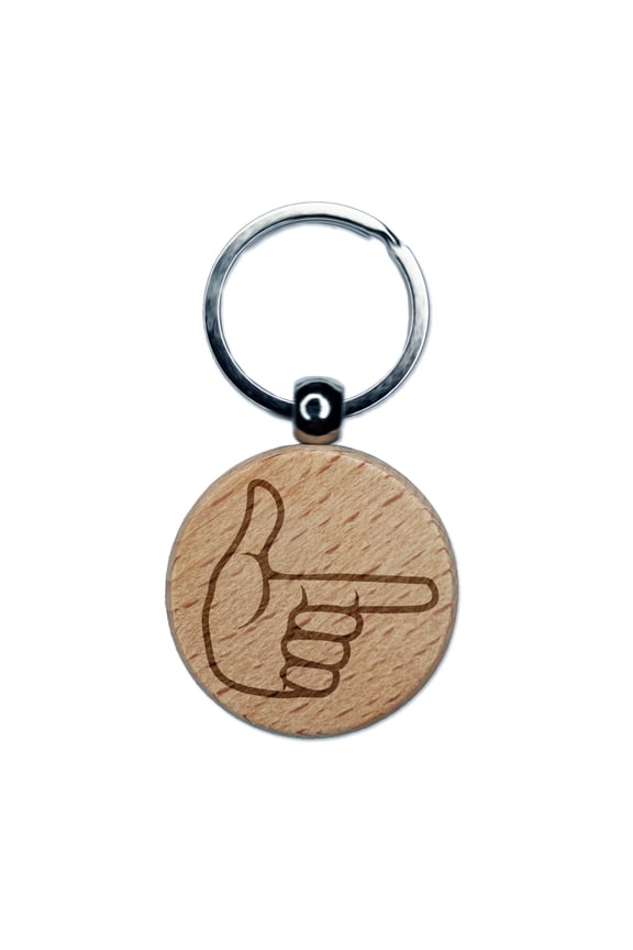 Finger Gun Hand Pointing Round Keychain Charm Tag - Engraved Wood