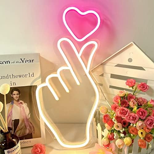 Finger Heart Neon Sign for Room Decor, 16.5x8 Inches Kpop & K-Drama Heart Gesture Neon Signs for Bedroom, Home Office, Dimmable LED Love Neon Light Gift for Anniversary, Girl