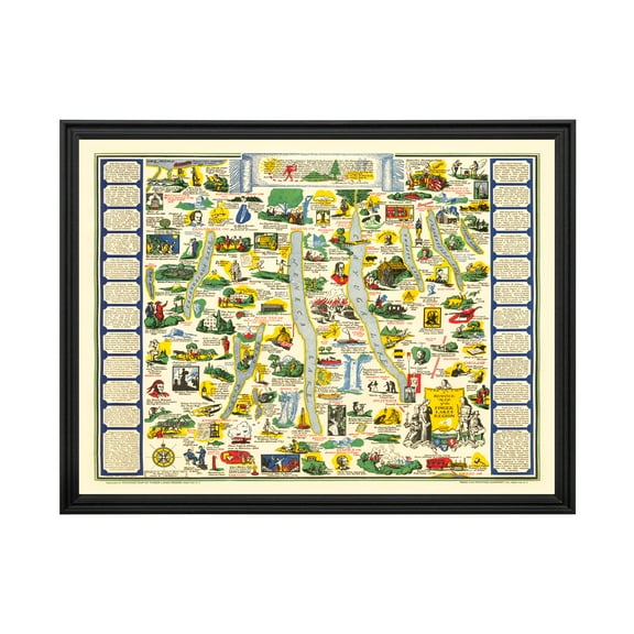 Finger Lakes Art, 1934 Vintage Map of Finger Lakes History Wall Decor Gift, Old Finger Lakes Map - 24" x 18" Black Framed Print