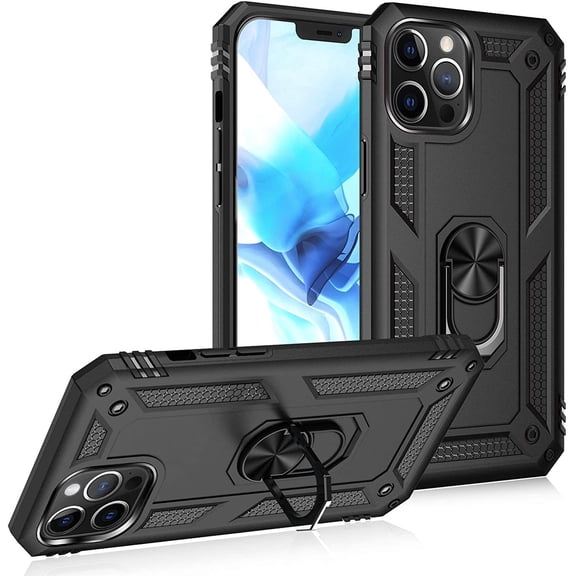 Finger Loop Armor Hybrid Case with 360 Rotating Ring Holder Kickstand for iPhone 12 / iPhone 12 Pro - Black
