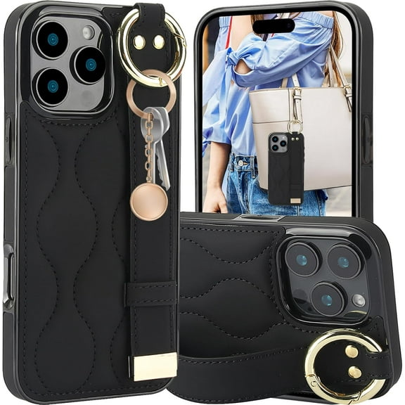 Finger Loop Ring Wrist Band Case for iPhone 16 Pro with Keychain, Adjustable Wristband Holder Kickstand [Stand Function] PU Leather Cover Case for Apple iPhone 16 Pro ZHD-Black
