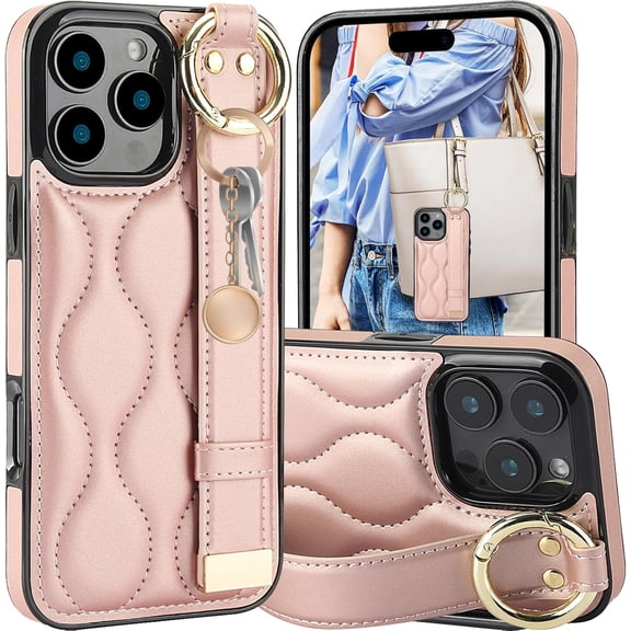 Finger Loop Ring Wrist Band Case for iPhone 16 Pro with Keychain, Adjustable Wristband Holder Kickstand [Stand Function] PU Leather Cover Case for Apple iPhone 16 Pro ZHD-Rose