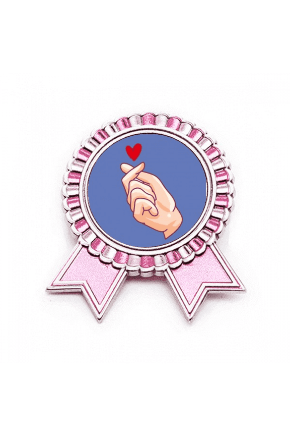 Finger Peach Heart Gesture Hand Sign Badge Brooch Pin Pink Winner Award Medal