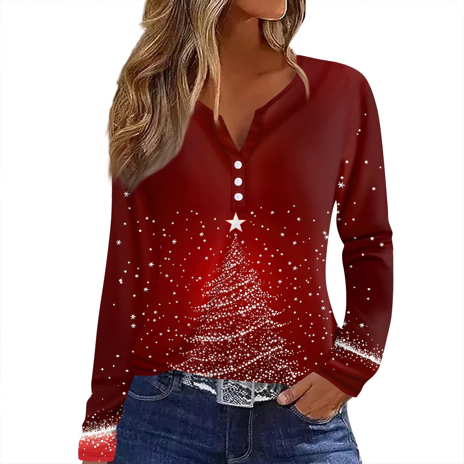 Womens Henley Tops Long Sleeve Christmas Tree Xmas Snowflake