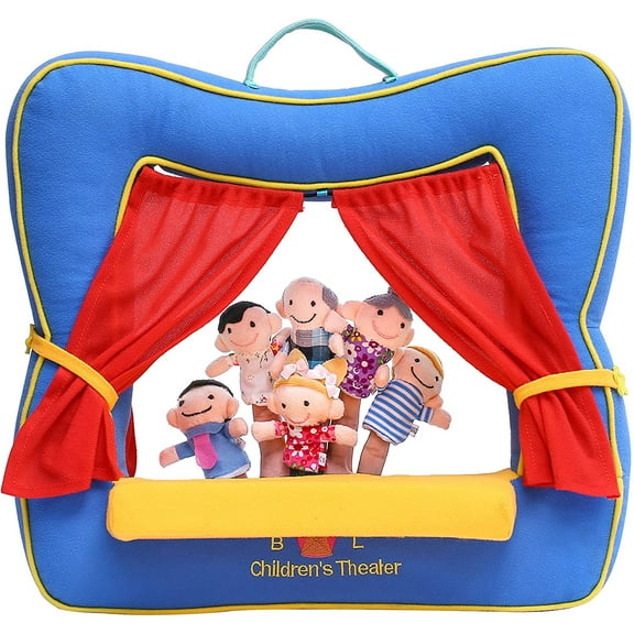 Finger Puppet Theater Stage by Better Line - Set Includes 6 Finger Family Puppets - Portable Plush Finger Puppet Theater is the Best Preschool Kids (blue)