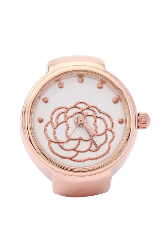 Finger Ring Watch Round Dial Rose Flower Pattern Women Finger Quartz Watch Rose Gold