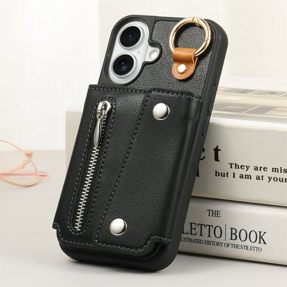Finger Ring Zipper Pocket Case For iPhone 16 15 Pro Max Plus Muctifunction Leather 2 Cards Slot Phone Cover Funda