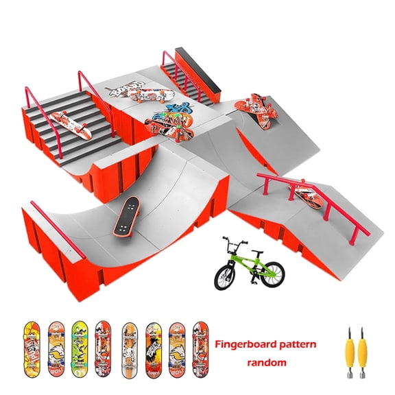 Finger Skateboard Park Kits,Skateboard Finger Toys with 8 Finger Skateboards & 14 Deck Ramp,1 Finger Bike for Unisex Gift,Mini Finger Skateboards Ramp Accessories Set Yellow