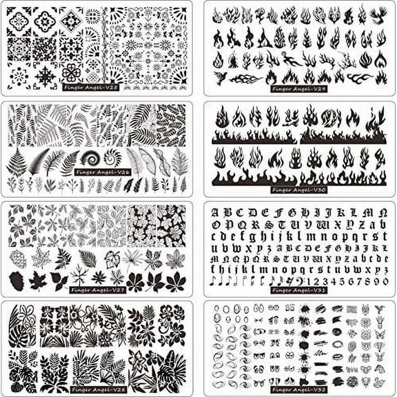 FingerAngel 13pcs Nail Stamp Plates set 8 plate 2Stamper 2Scraper 1storage bag Nails Art Stamping Plate Scraper Stamper Set Leaves Flowers Animal Nail plate Template Image Plate