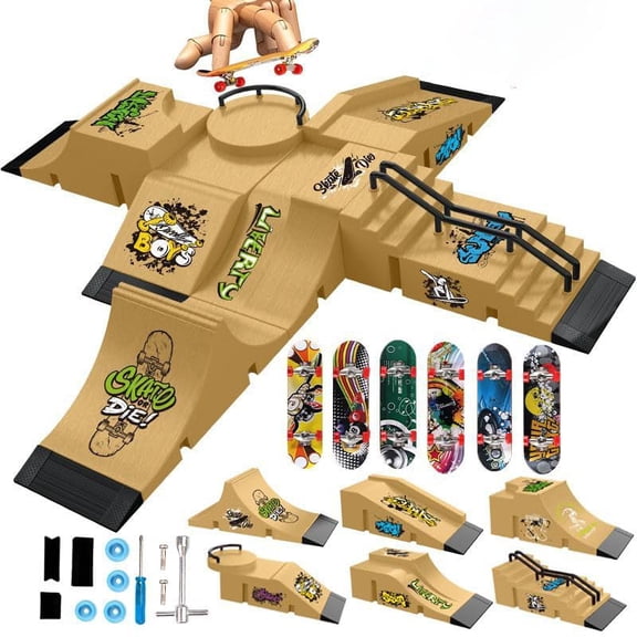 Fingerboard Skate Park Set Compatible with Tech Deck Skateboards, Includes 6 Ramps, 6 Fingerboards, and Obstacles, Ideal for Fingerboard Enthusiasts (Yellow)