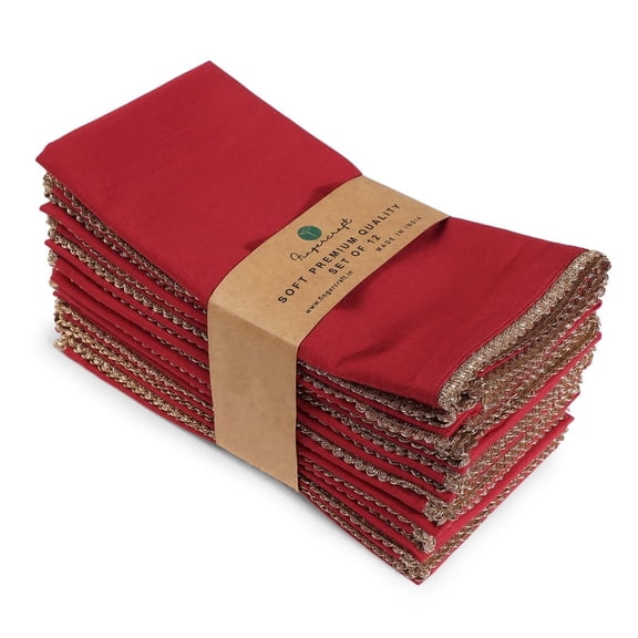Fingercraft Cloth Napkin Cotton Blend 12 pack Mitered Corners with Golden Lace for Everyday Use, Hotel, Wedding, Christmas, 20 x 20in, Tango Red