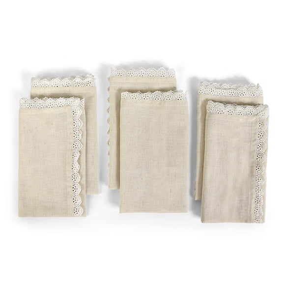 Fingercraft Cloth Napkin, Soft Quality Cotton Linen Blend Fabric, Dinner Napkins with Premium White Lace, 6 Pack, 20”x20” Ivory