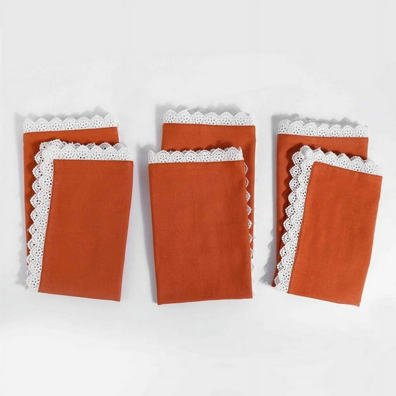 Fingercraft Cloth Napkin, Soft Quality Cotton Linen Blend Fabric, Dinner Napkins with Premium White Lace, 12 Pack, 20”x20” Rust