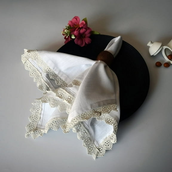 Fingercraft Cloth Napkin, Soft Quality Cotton Linen Blend Fabric, Dinner Napkins with Premium White Lace, 12 Pack, 20”x20” White